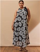 Live Unlimited London Floral Halter Neck Maxi Waisted Dress Black
