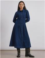 Pure Cotton Denim Midi Fitted Shirt Dress