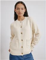 Textured Crew Neck Cardigan with Wool