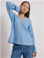 Cable Knit V-Neck Cardigan with Wool