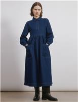 Pure Cotton Denim Collared Midi Shirt Dress
