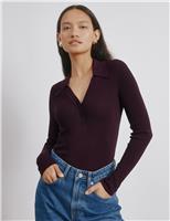 Ribbed Collared V-Neck Button Top