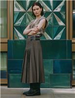 Dogtooth Pleated Midi Skirt