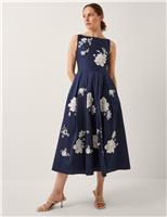Embroidered Slash Neck Midi Skater Dress