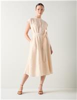 Linen Blend Belted Midi Skater Dress