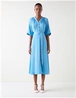 Satin V-Neck Tie Waist Midi Shirt Dress