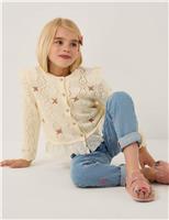 Cotton Rich Embroidered Frill Pointelle Cardigan (3-15 Years)