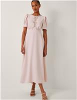 Monsoon Beaded Bow Detail Puff Sleeve Midi Dress Blush