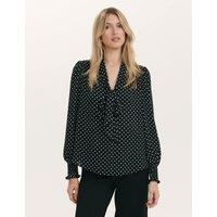 Finery London Polka Dot Tie Neck Blouson Sleeve Blouse Black Mix