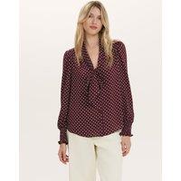 Finery London Polka Dot Tie Neck Blouson Sleeve Blouse Burgundy Mix