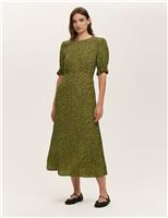 Crepe Printed Puff Sleeve Midi Tea Dress