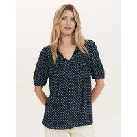 Finery London Polka Dot Puff Sleeve Tie Neck Blouse Navy Mix