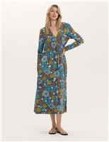 Jersey Floral V-Neck Midi Skater Dress