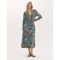 Finery London Jersey Floral V-Neck Midi Skater Dress Blue Mix
