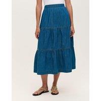 Finery London Denim Midi Tiered Skirt Light Blue