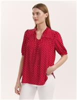 Polka Dot Puff Sleeve Tie Neck Blouse