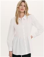 Pure Cotton Collared Shirred Detail Blouson Sleeve Shirt