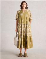 White Stuff Pure Cotton Notch Neck Midi Tiered Dress Green Mix