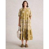 White Stuff Pure Cotton Notch Neck Midi Tiered Dress Green Mix