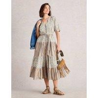 White Stuff Pure Cotton Printed Midi Tiered Dress Ivory Mix
