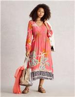 White Stuff Printed Midi Waisted Dress Pink Mix