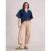 White Stuff Denim V-Neck Relaxed Blouse Dark Blue Denim