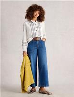 Pure Cotton Embroidered Collarless Frill Sleeve Blouse