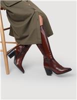 Leather Block Heel Knee High Boots