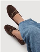 Wide Fit Suede Bar Trim Block Heel Loafers