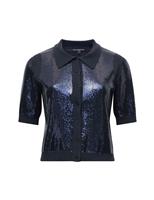 Cotton Blend Sequin Collared Cardigan