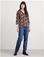 Pure Cotton Bird Print V-Neck Collared Top