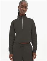 Girlfriend Collective Vega Funnel Neck Half Zip Crop Sweatshirt Taupe