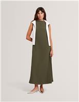 Slash Neck Pleat Detail Midaxi Shift Dress
