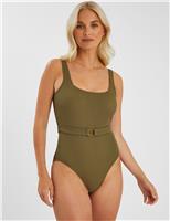Textured Belted Square Neck Swimsuit