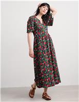 Pure Cotton Floral V-Neck Midi Waisted Dress