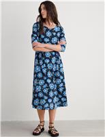 Seasalt Cornwall Cotton Rich Floral Midi Waisted Dress Blue Mix