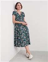 Seasalt Cornwall Pure Cotton Geometric V-Neck Midi Tea Dress Teal Mix