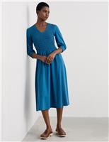 Cotton Rich V-Neck Midi Shirred Dress