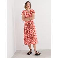Seasalt Cornwall Pure Cotton Floral V-Neck Midi Waisted Dress Orange Mix