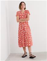 Pure Cotton Floral V-Neck Midi Waisted Dress