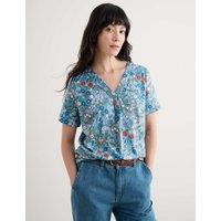 Seasalt Cornwall Cotton Rich Floral V-Neck Top Blue Mix