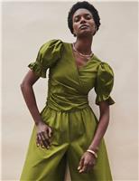 RO&ZO Pure Cotton V-Neck Wrap Puff Sleeve Blouse Khaki