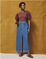 RO&ZO Pure Cotton Denim Split Front Maxi Skirt Blue Denim