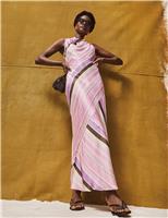 Satin Striped Cowl Neck Maxi Dress