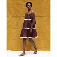RO&ZO Pure Cotton Bardot Contrast Trim Mini Dress Brown