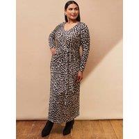 Jersey Animal Print V-Neck Tie Waist Maxi Dress