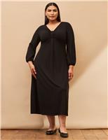 Jersey V-Neck Pleat Detail Midi Tea Dress