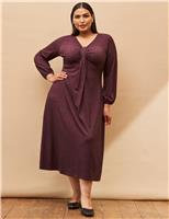 Printed V-Neck Blouson Sleeve Midi Dress