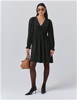 Crepe V-Neck Frill Collar Mini Smock Dress