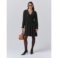 Ghost Crepe V-Neck Frill Collar Mini Smock Dress Dark Green